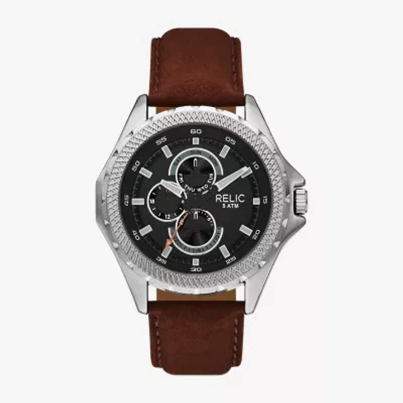 Relic By Fossil Mens Brown Leather Strap Watch Zr16053