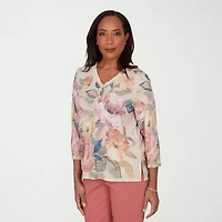 Alfred Dunner Camden Market Womens V Neck 3/4 Sleeve T-Shirt