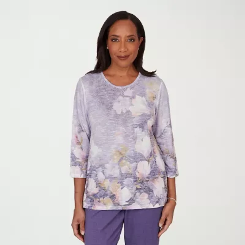 Alfred Dunner Grand Bazaar Womens Crew Neck 3/4 Sleeve T-Shirt