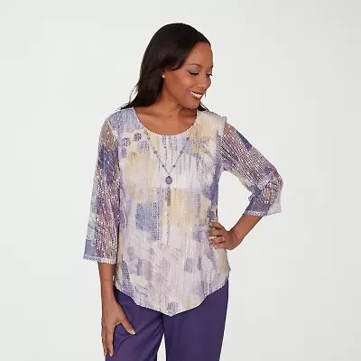 Alfred Dunner Grand Bazaar Womens Crew Neck 3/4 Sleeve T-Shirt