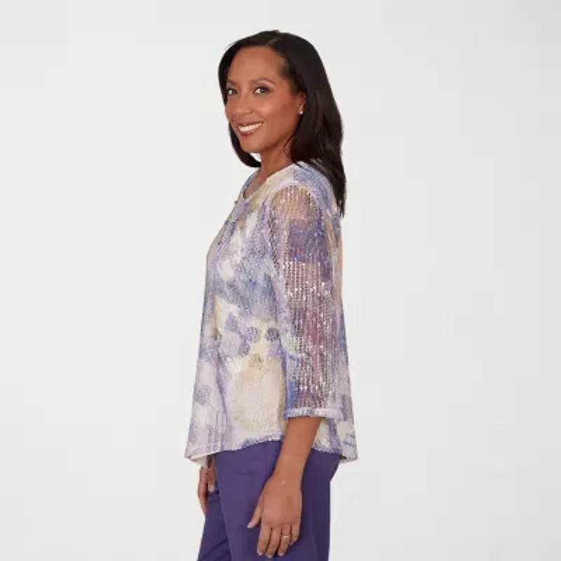 Alfred Dunner Grand Bazaar Womens Crew Neck 3/4 Sleeve T-Shirt