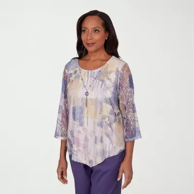 Alfred Dunner Grand Bazaar Womens Crew Neck 3/4 Sleeve T-Shirt