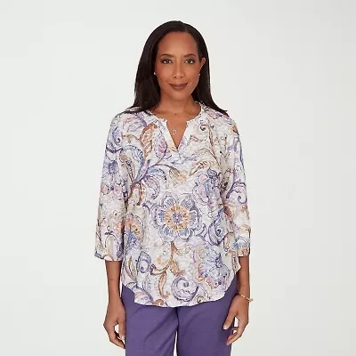 Alfred Dunner Grand Bazaar Womens Split Crew Neck 3/4 Sleeve T-Shirt