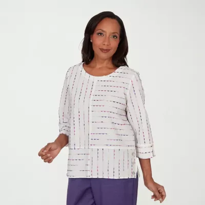 Alfred Dunner Grand Bazaar Womens Crew Neck 3/4 Sleeve Blouse