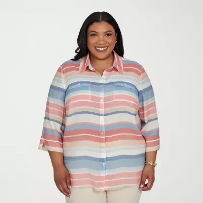 Alfred Dunner Camden Market Womens Cuffed 3/4 Sleeve Regular Fit Button-Down Shirt
