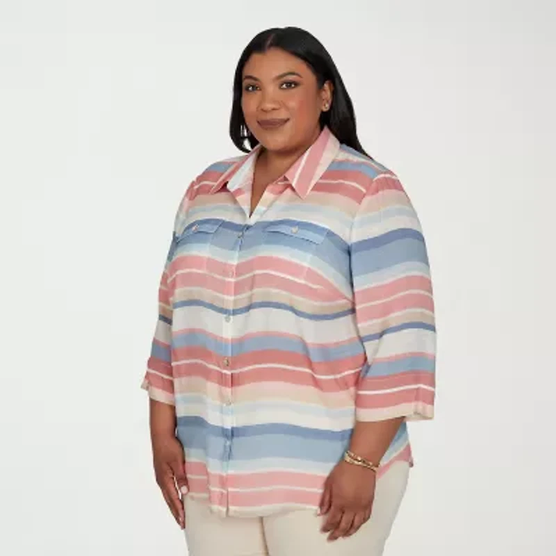 Alfred Dunner Camden Market Womens Cuffed 3/4 Sleeve Regular Fit Button-Down Shirt