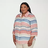 Alfred Dunner Camden Market Womens Cuffed 3/4 Sleeve Regular Fit Button-Down Shirt