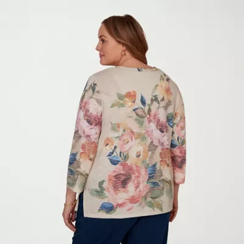 Alfred Dunner Camden Market Womens V Neck 3/4 Sleeve T-Shirt