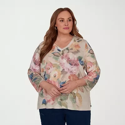 Alfred Dunner Camden Market Womens V Neck 3/4 Sleeve T-Shirt