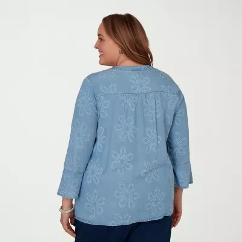 Alfred Dunner Camden Market Womens Split Crew Neck 3/4 Sleeve Blouse