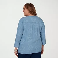Alfred Dunner Camden Market Womens Split Crew Neck 3/4 Sleeve Blouse