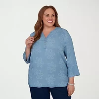 Alfred Dunner Camden Market Womens Split Crew Neck 3/4 Sleeve Blouse