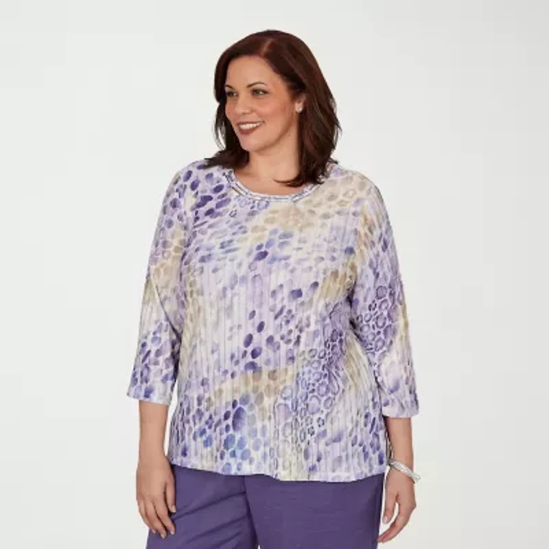 Alfred Dunner Grand Bazaar Womens Plus Crew Neck 3/4 Sleeve T-Shirt
