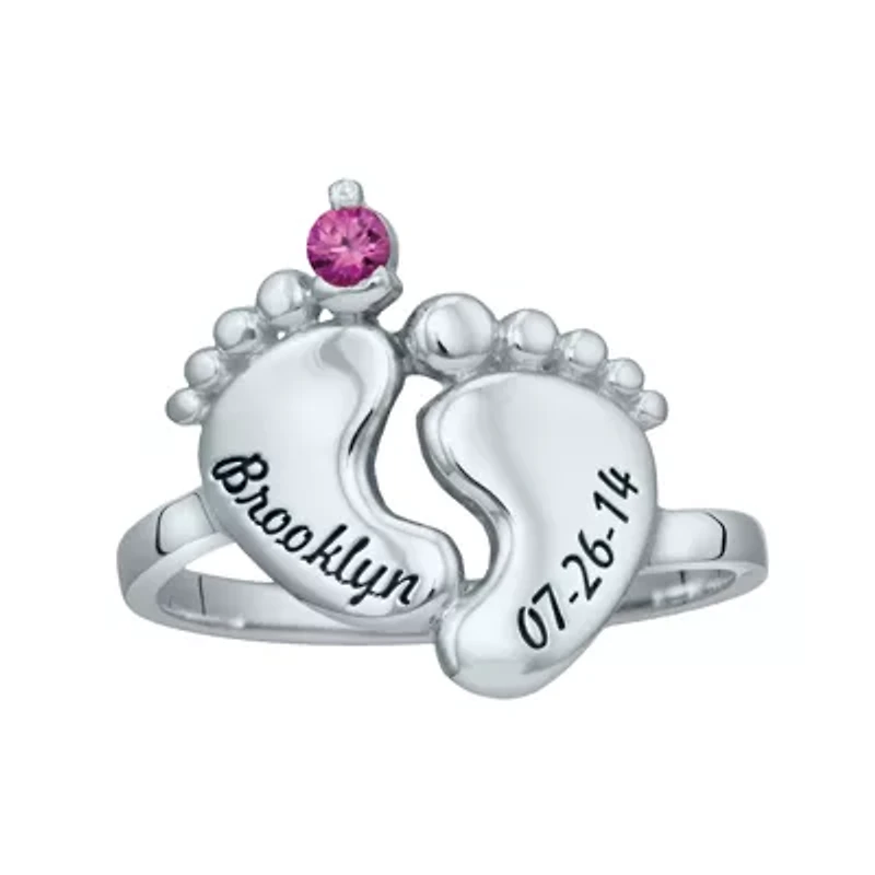 Personalized Simulated Birthstone Engraved Baby Feet Ring