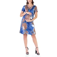 24seven Comfort Apparel Womens Maternity Short Sleeve Tie Dye Shift Dress