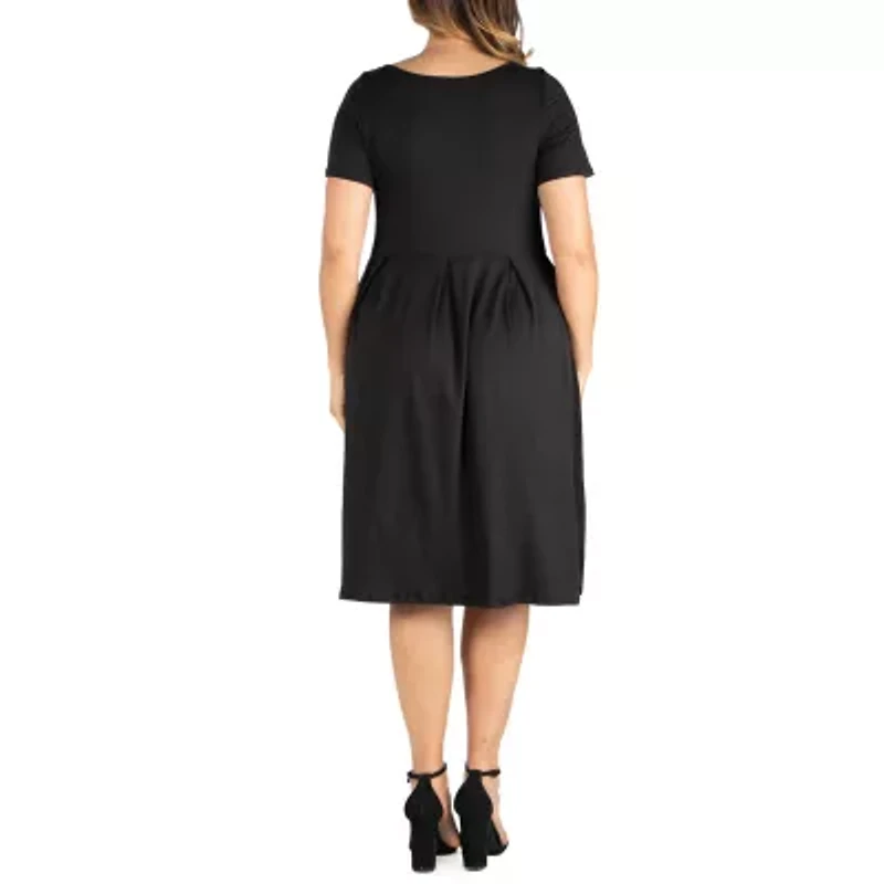 24seven Comfort Apparel Womens Short Sleeve Midi Plus Fit + Flare Dress