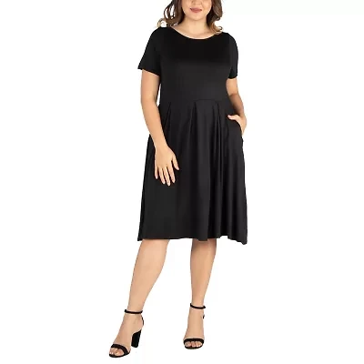 24seven Comfort Apparel Womens Short Sleeve Midi Plus Fit + Flare Dress