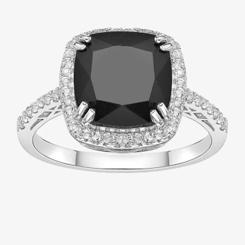Womens Genuine Black Onyx Sterling Silver Cushion Halo Cocktail Ring