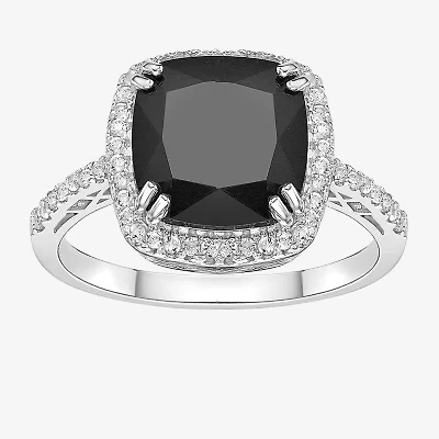 Womens Genuine Black Onyx Sterling Silver Cushion Halo Cocktail Ring