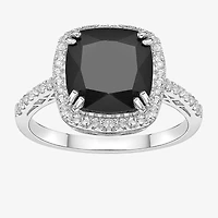 Womens Genuine Black Onyx Sterling Silver Cushion Halo Cocktail Ring