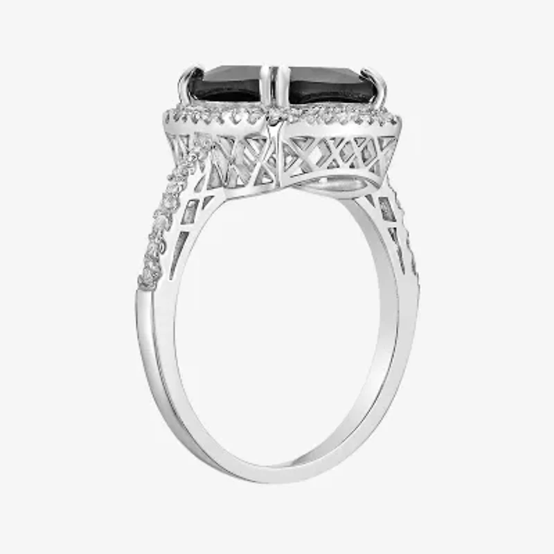 Womens Genuine Black Onyx Sterling Silver Cushion Halo Cocktail Ring