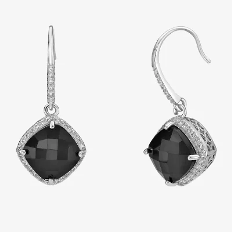 Womens Genuine Black Onyx Sterling Silver Cushion Drop Earrings
