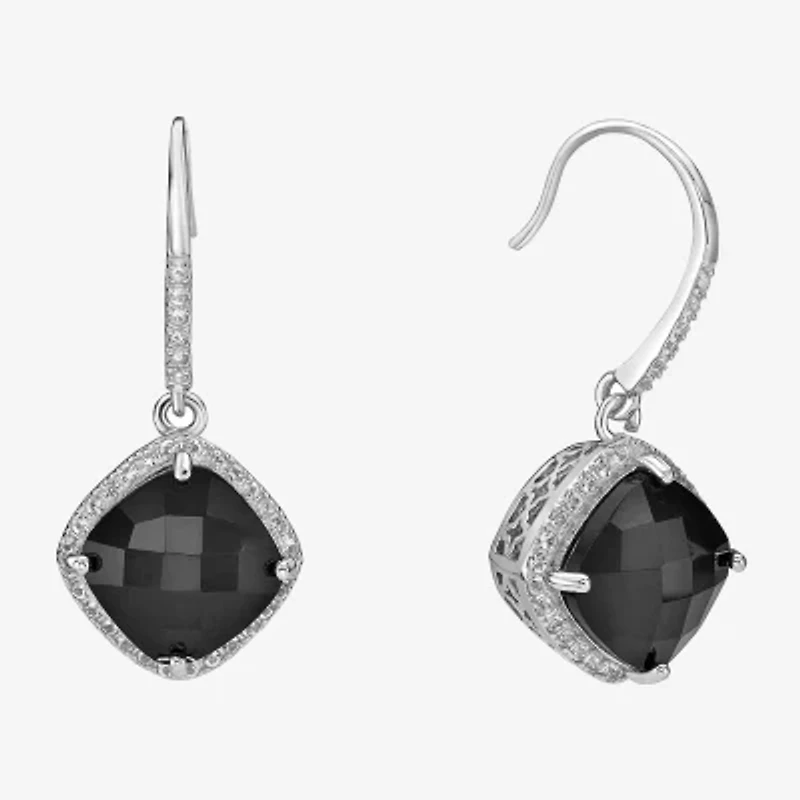 Womens Genuine Black Onyx Sterling Silver Cushion Drop Earrings