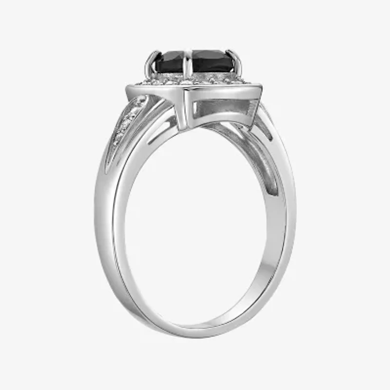 Womens Genuine Black Onyx Sterling Silver Cushion Halo Cocktail Ring