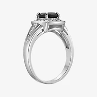 Womens Genuine Black Onyx Sterling Silver Cushion Halo Cocktail Ring