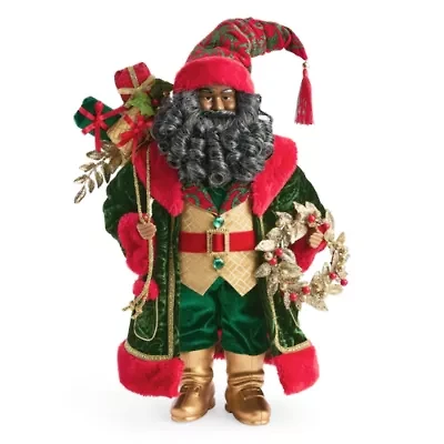 North Pole Trading Co. 18in Glamour Green Coat African American Christmas Santa Figurine