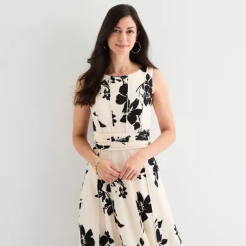 Perceptions Womens Sleeveless Floral Midi Fit + Flare Dress