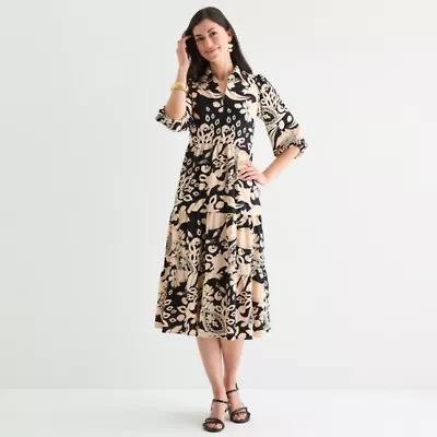 52seven Womens 3/4 Sleeve Floral Midi Shift Dress