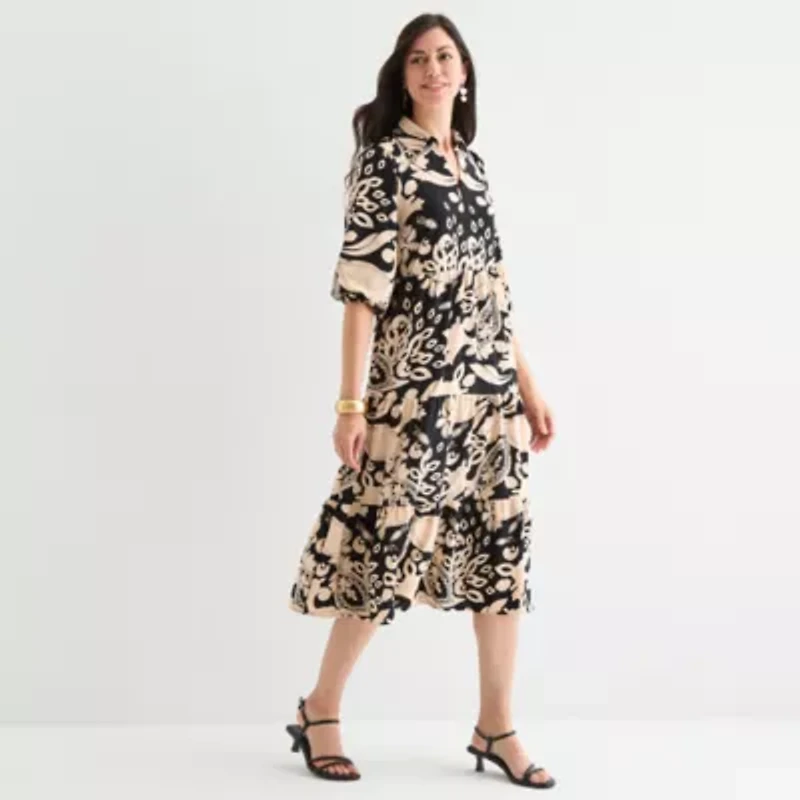 52seven Womens 3/4 Sleeve Midi Floral Shift Dress