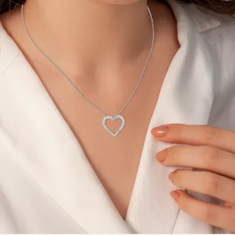 Womens 1 CT. T.W. Lab Grown White Diamond Sterling Silver Heart 18 Inch Pendant Necklace