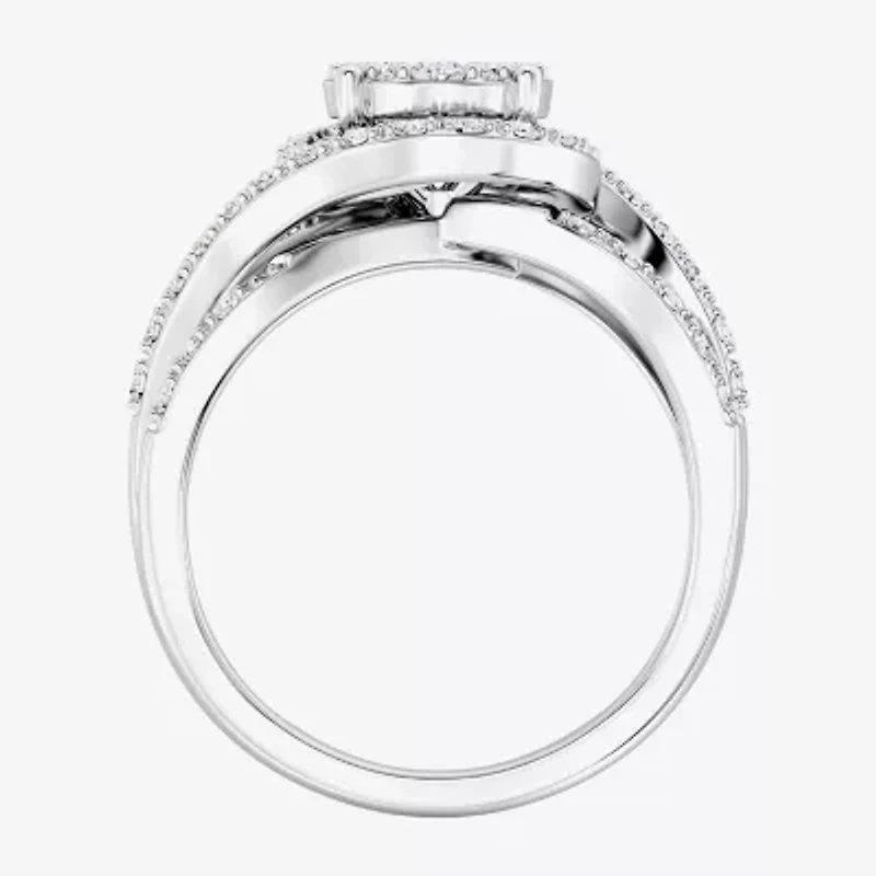 Womens 1 CT. T.W. Lab Grown White Diamond Sterling Silver Round Side Stone Cocktail Ring