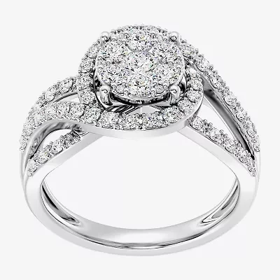 Womens 1 CT. T.W. Lab Grown White Diamond Sterling Silver Round Side Stone Cocktail Ring