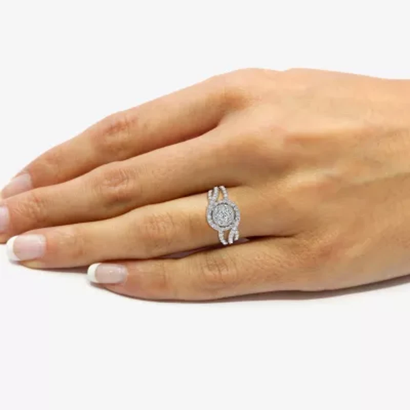 Womens 1 CT. T.W. Lab Grown White Diamond Sterling Silver Round Side Stone Cocktail Ring