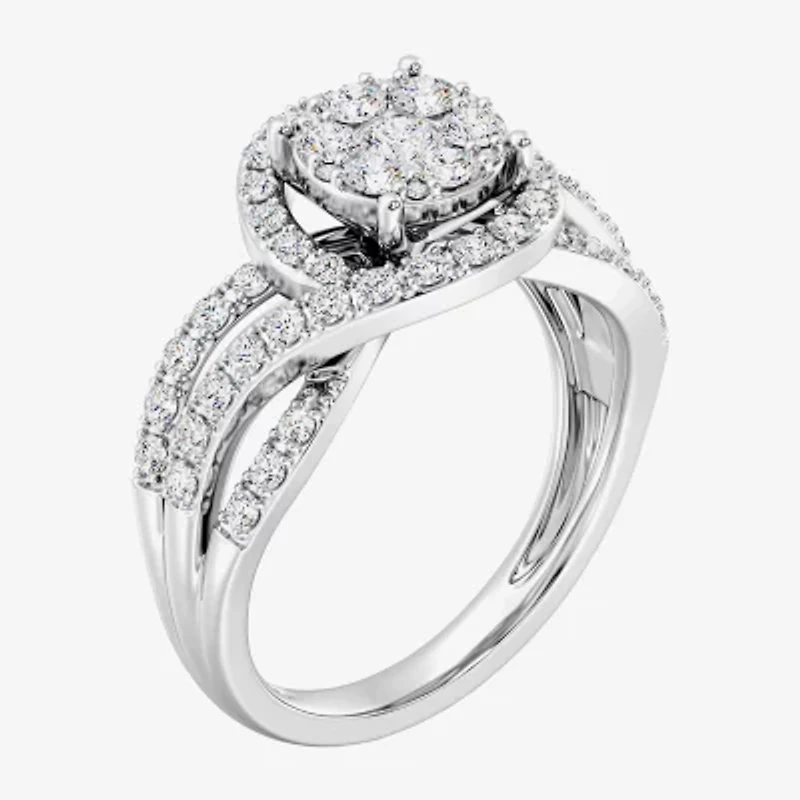 Womens 1 CT. T.W. Lab Grown White Diamond Sterling Silver Round Side Stone Cocktail Ring