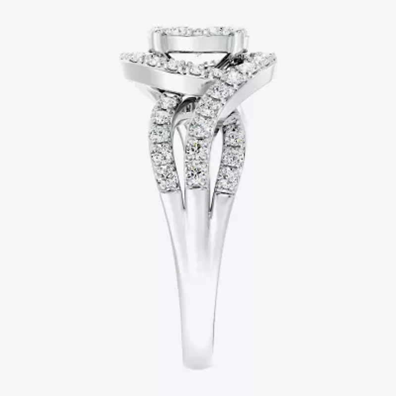 Womens 1 CT. T.W. Lab Grown White Diamond Sterling Silver Round Side Stone Cocktail Ring