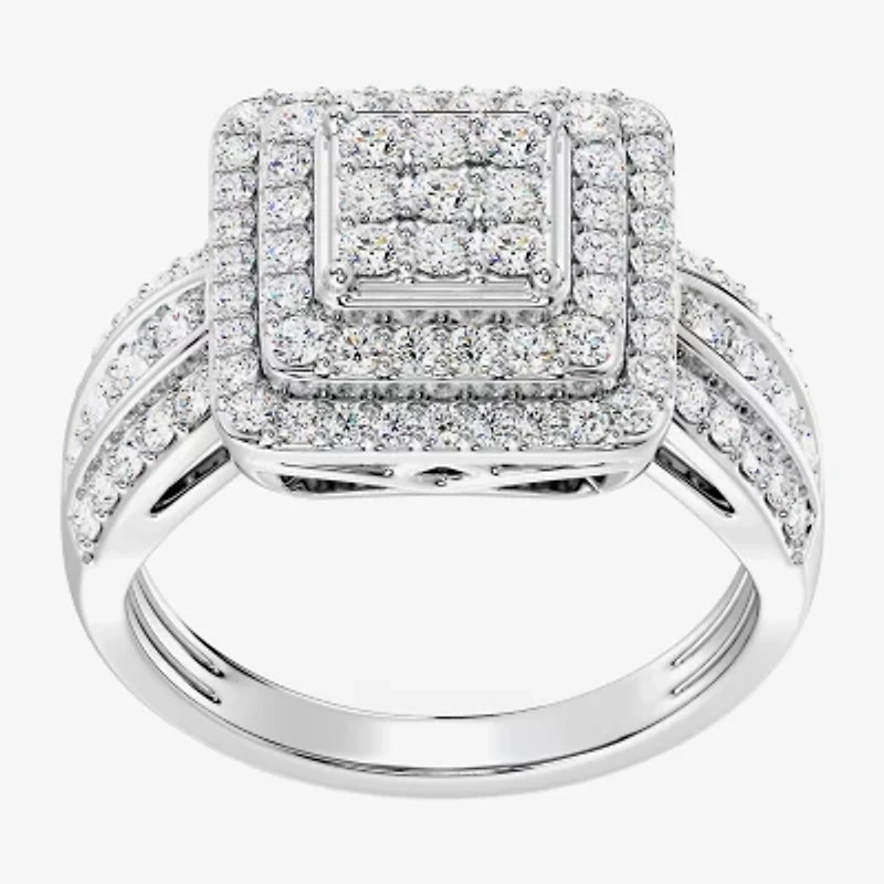Womens 1 CT. T.W. Lab Grown White Diamond Sterling Silver Cushion Halo Side Stone Cocktail Ring
