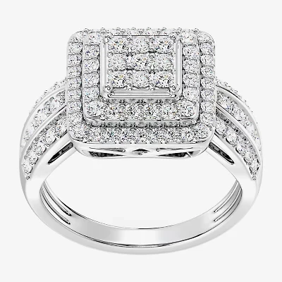 Womens 1 CT. T.W. Lab Grown White Diamond Sterling Silver Cushion Halo Side Stone Cocktail Ring