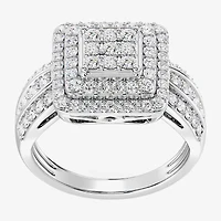 Womens 1 CT. T.W. Lab Grown White Diamond Sterling Silver Cushion Halo Side Stone Cocktail Ring