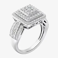 Womens 1 CT. T.W. Lab Grown White Diamond Sterling Silver Cushion Halo Side Stone Cocktail Ring