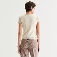 Arizona Womens V Neck Short Sleeve Lace Juniors Blouse