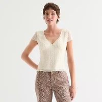 Arizona Womens Juniors V Neck Short Sleeve Lace Blouse