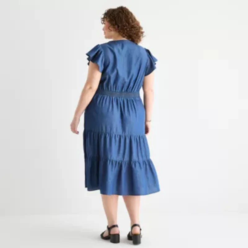 Frye and Co. Womens Short Sleeve Midi Plus Fit + Flare Dress