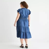 Frye and Co. Womens Short Sleeve Midi Fit + Flare Dress Plus