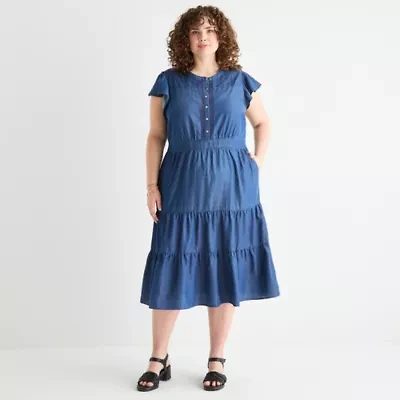 Frye and Co. Womens Short Sleeve Midi Fit + Flare Dress Plus