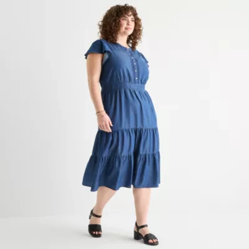 Frye and Co. Womens Short Sleeve Midi Plus Fit + Flare Dress