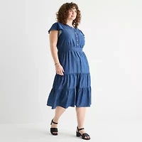 Frye and Co. Womens Short Sleeve Midi Fit + Flare Dress Plus